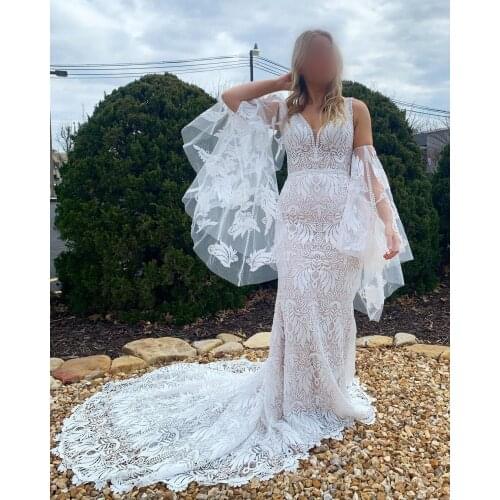 Boho Bridal Wedding Dress 2021 Mermaid Lace vestidos de novia Detachable Sleeves Designer robe de soirée de mariage Deep V Neck