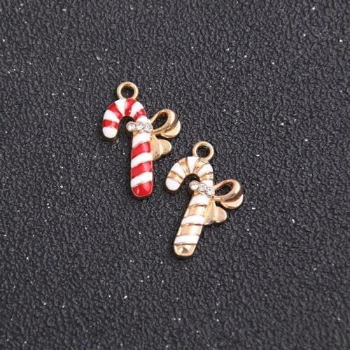 5pcs 14*23mm Two Color Alloy Metal Drop Oil Christmas Bow Crutches Charms Pendant For DIY Bracelet Necklace Jewelry Making