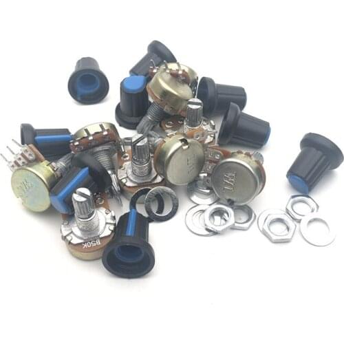 9Pcs B1K/2K/5K/10K/20K/50K/100K/500K/1M Knurled Shaft Linear Rotary Taper Potentiometer with Knob, Nuts, Washers,Cap for Arduino
