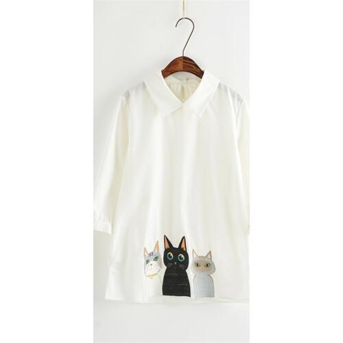 White Summer Female Collar Shirts Cartoon Cute Lovely Cats Embroidery Woman Fashion Casual Shirt BS105