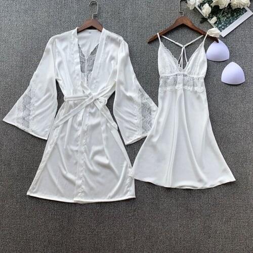 White Spring Summer New 2PCS Nighty Set Lady Lace Robe Gown Sexy V-Neck Nightgown Lounge Satin Bathrobe Hollow Out Sleepwear
