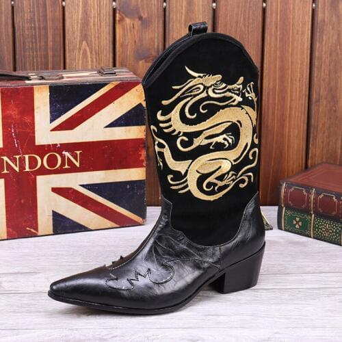 Christia Bella Black Pointed Toe Man Highten Long Boots Embroidery Genuine Leather Male Cowboy Boots Mens Party Dress Boots