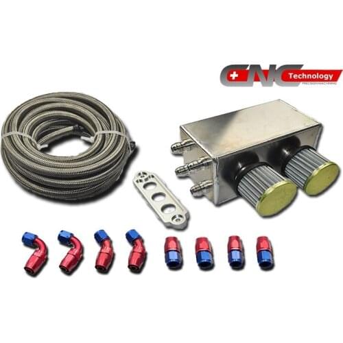 HONDA_OT_SI_KIT - Chrome 4 Port Pro Series Oil Catch Tank Can + 10FT Fuel Hose + 8 Fittings 10AN