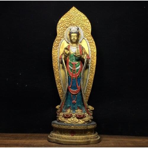 16"Chinese temple collection Old Bronze Painted Clean bottle Guanyin Bodhisattva Back light Standing Buddha Ornaments Town House