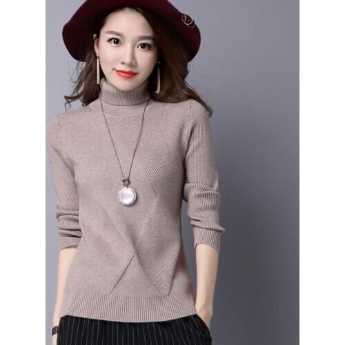 KJA221 Women Turtleneck Long-Sleeve Knitted Wool Sweater Female Knitted Pullover Solid Color Tops High Elasticity Sweaters