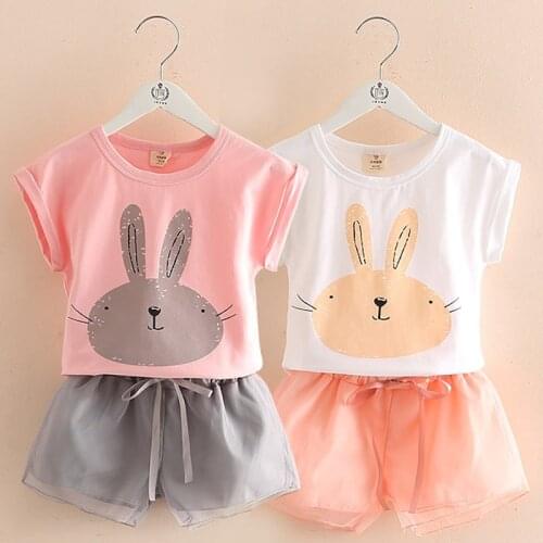 Girls Clothing Set 2021 Summer 2-10T Years Old Kids Girl Cartoon Rabbit Print T Shirt+Shorts Drawstring 2 Piece Outfits Suit Set