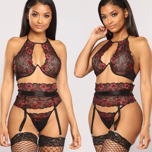 3pcs Sexy Lace Lingerie Set Women Underwear Bra Set Sexy Brief Sets Push up Transparent Lace Embroidery Underwear Bre Set #W