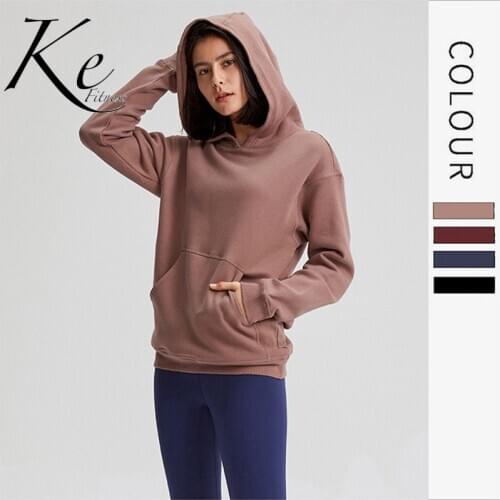 KE high-quality autumn and winter mid-length loose leisure with pockets hooded solid color fitness sports jacket sweater hoodie