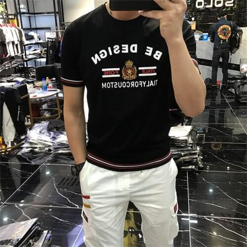 Mens T-shirt Badge Embroidery Pullover Slim Fit Fashion 2021 Summer New Handsome High-Quality Cotton Material Male Top Clothing