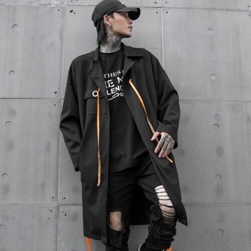 Autumn Winter coat harajuku men Black color Extra long High street Punk rock outerwear