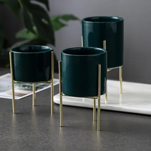 Pack of 3 Minimalist Flower Planters with Golden Metal Stand Ceramic Flower Pots Decorative Vases Home Table Decoration