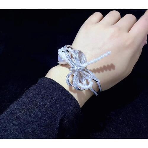 Natural fresh water pearl bowknot bangle 925 sterling silver with cubic zircon bowknot bracelet fine women jewelry