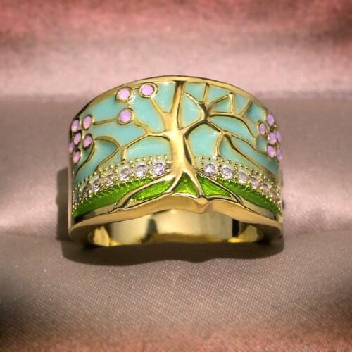 Creative new cute and beautiful silver inlaid crystal enamel color epoxy tree flower exquisite ring accessories jewelry