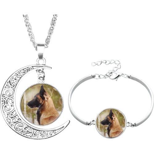 Lovely Silver Multi Cute Pet Dogs Labrador Bulldog Poodle Pictures Glass Cabochon Necklace Bracelet Jewelry Set For Girls Women