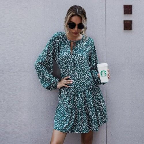 Autumn Winter Full Sleeve Floral Dress Women Casual Ruffles Print Short Dress For Women 2021 New Elegant Slim