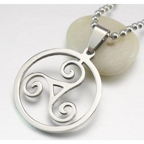 Silver Color Stainless Steel Triskelion Triskele Round Pendant Necklace Free Chain 60CM Long