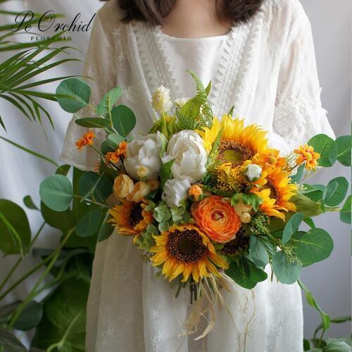 PEORCHID Vintage Yellow Sunflower Wedding Bride Bouquet De Feurs Artificiel Peony Bouquet Bridal Silk Flower Bouquet 2019 New