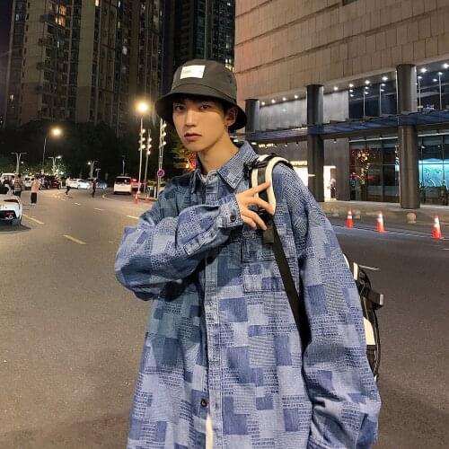 2021 Mens Denim Youth Lattice Shirts Camisa Blue Color Masculina Streetwear Clothes Long Sleeves Lapel Collar Shirts Size M-5XL