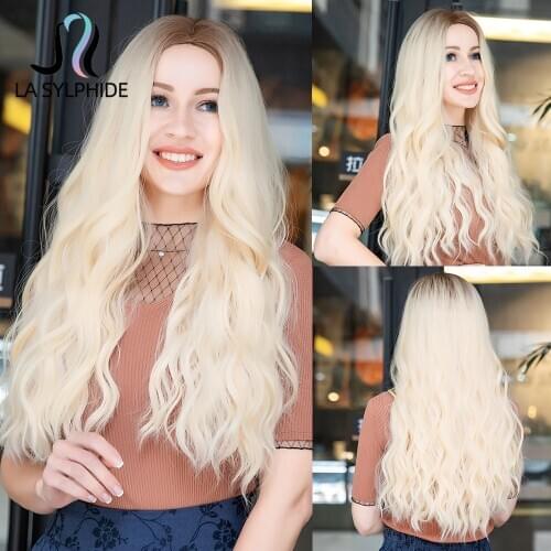 La Sylphide Synthetic Wig Long Curly Root Brown Ombre Blonde Middle Part Hair Wigs for Woman Daily Party Heat Resistant Hair