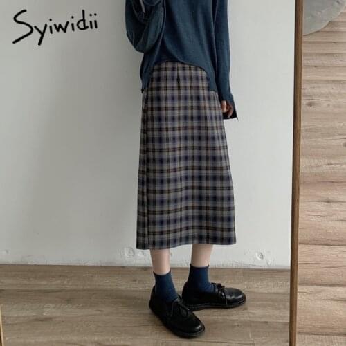 Syiwidii Vintage Plaid Knit Skirts for Women High Waist Fall Winter 2021 Fashion New Back Slit Zipper A Line Casual Midi Skirt