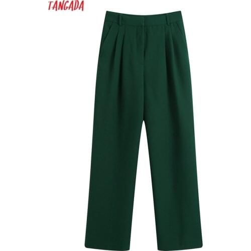 Tangada 2021 Fashion Women Dark Green Suit Pants Trousers Pockets Office Lady Elegant Pants Pantalon BE312