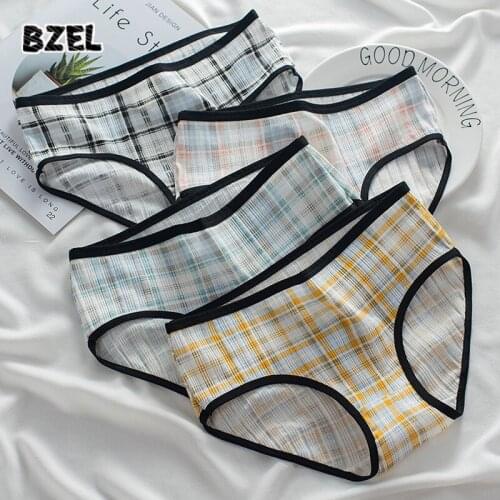 BZEL New Cute Plaid Womens Cotton Sport Panties Underwear Seamless Briefs Mid Waist Female Comfort breathable Lady Lingerie