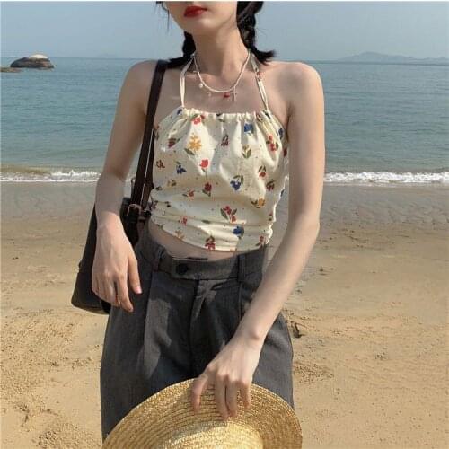 Vintage Sweet Floral Print Crop Top Summer Beach Style Sexy Backless Halter Cami Top Women Korean Tank Top Ropa Para Mujer
