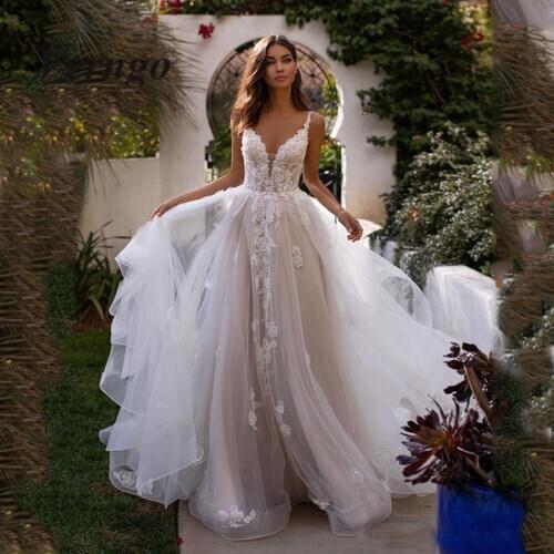 Verngo 2020 Vintage Lace Applique A Line Wedding Dress A Line Bride Dress Tulle Ruffles Court Train Garden Wedding Bridal Gowns