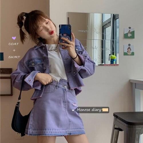 Retro Purple Denim Jackets for Women 2021 New Spring Autumn Long Sleeve Short Jean Coat+Denim Skirt Streetwear Female Outerwear