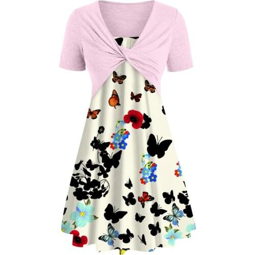 Summer Set Dress Women Bohemian Plus Size Bowknot Bandage Sundress Short Sleeve Butterfly Print A-line Mini Party Dress