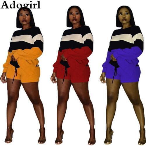 Color Patchwork Sweater Women 2 Piece Suit Long Sleeve Loose Sweatshirts Pullover Top + Shorts Casual Warm Suits Streetwear