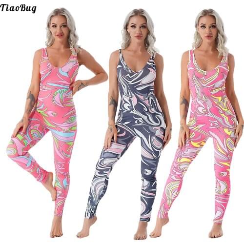 TiaoBug Women Summer V Neck Low Cut Sleeveless Print Pants Jumpsuit Bodysuit For Running Gym Yoga Fitness Workout