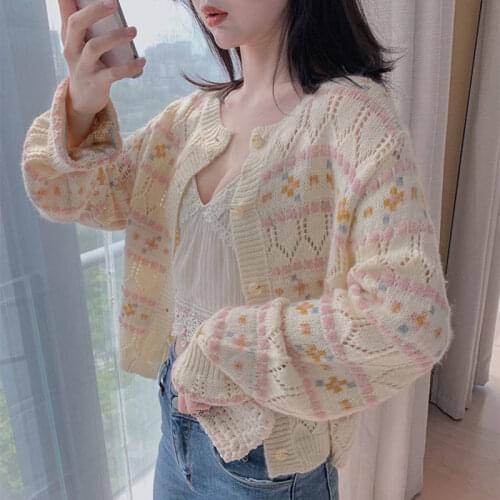 Summer Sweet Elegant Knit Sweaters Women Cut Out Casual Kawaii Cute Floral Cardigans Print Korean Fashion Clothing Autumn 2021