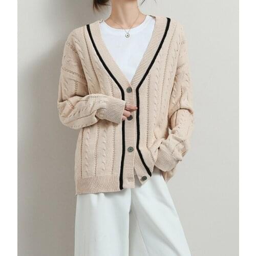 Spring 2021 New 100%Cotton Thread Knit Cardigan All-Match Jacket Womens V-Neck Large Size Color Matching Long-Sleeved Thin Top