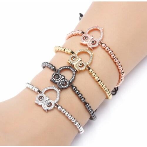 Gold silver micro pave cz Cubic Zirconia rope adjusted Copper Beads Bracelet hc23 owl Charm Braided Bangles Jewelry Women