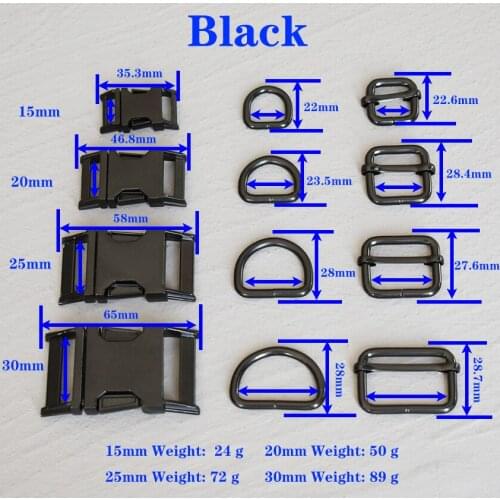1 Set 15/20/25/30mm Webbing Metal Black Strap Slider D Ring Release Belt Buckle For Dog Collar Paracord Sewing Accessory