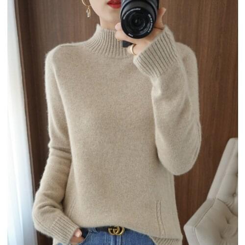 100% Cashmere Sweater Womens Half Turtleneck Pullover Sweater Fabric Thick and Warm High Quality Wool Knit Sweater New Winter