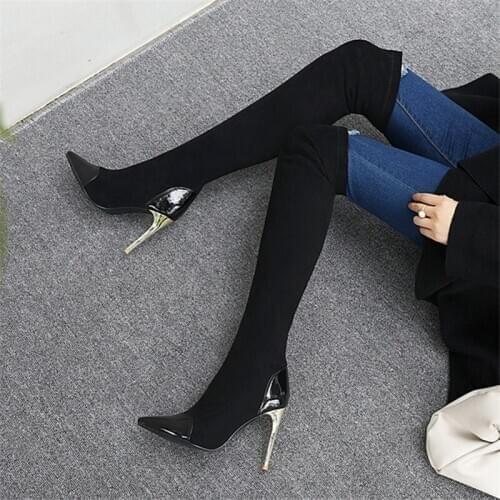 2021 Winter Over The Knee Women Boots Stretch Fabrics High Heel Slip on Shoes Pointed Toe Woman Long Boots Size 34-43