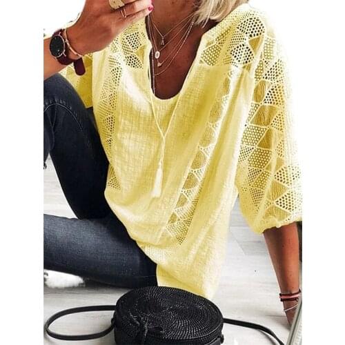 Summer Spring Casual V-Neck Tassel Cotton Linen Blouses Women CE Loose Chic Plus Size Tops Three Quarter Sleeve Lady Lace Shirt