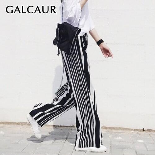 GALCAUR Chiffon Pant Womens Striped Patchwork Elastic High Waist Oversize Long Wide Leg Trouser Spring 2018 Fashion Vintage