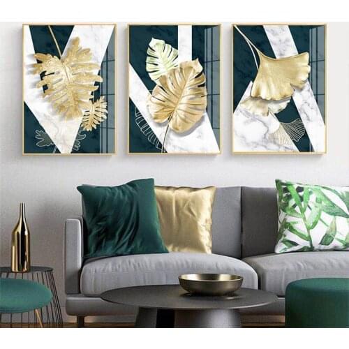 Plants Gold Leaf Canvas Painting Abstract Marble Background Posters and Print Wall Art Frameless Picture for Home Design