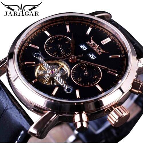 Jaragar Rose Gold Automatic Mechanical Watch Men Tourbillion Male Watches Calendar Display Sub Dial Genuine Leather Montre Homme