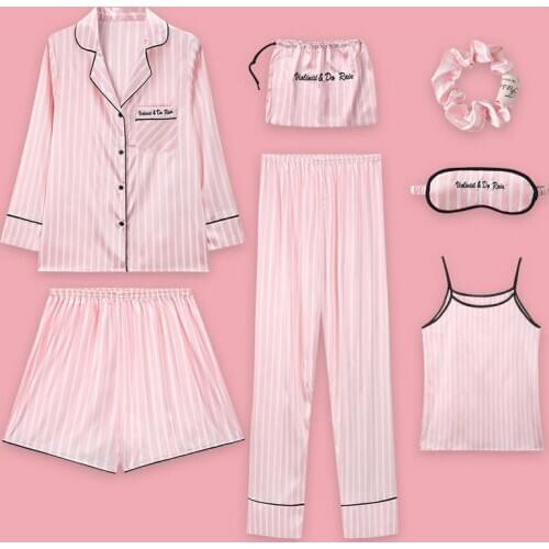 Strawberry 7PCS Pajamas Female Spring Summer Simulation Silk Nightwear Long-Sleeved Korean Freshing Students Home Service Suit