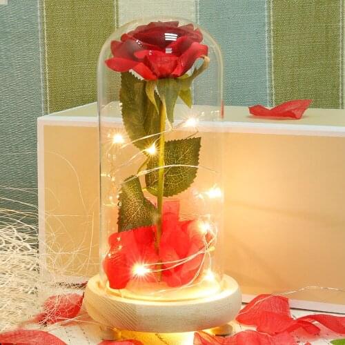 Valentines Day Wedding Rose gift USB plug in use Red Rose In A Glass Dome With LED Light Wooden Base For Valentines Day Gift