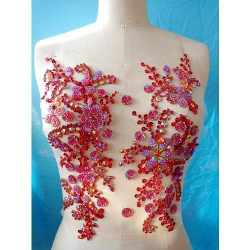 Handmade crystal patches red sew on Rhinestones applique with stones sequins beads 31*27cm for dress
