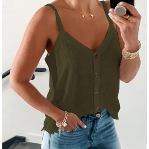 Summer Sexy Women V Neck Casual Sleeveless Vest Sling Loose Plus Size Fashion Shirt Halter Tops Solid Color Single Breasted