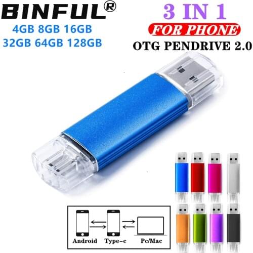 BINFUL Mini 3IN1 Type c pen drive 32GB 64G cle Mirco Phone 128GB high speed pendrive 8G 16G flash drive usb memory OTG usb stick