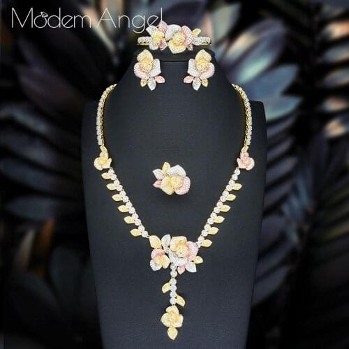 ModemAngel Trendy Luxury 4PCS Flower Nigeria Statement Jewelry Sets For Women Wedding Full Cubic Zircon Dubai Bridal jewelry Set