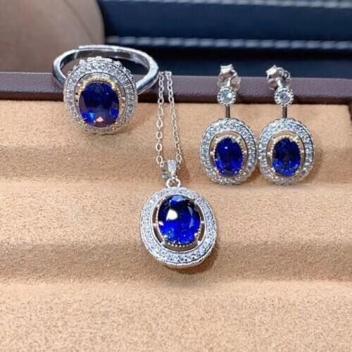 The Best Wedding Gift Sapphire Set Natural And Real Sapphire Jewelry set 925 sterling silver 1pc Ring,1pc Pendant,2pcs Earring