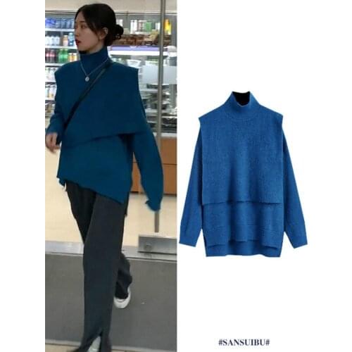 Outfits for Women Fashion Simple V-neck Sweater+loose Turtleneck Shawl Knit Two Piece Set 2021 Spring Clothes